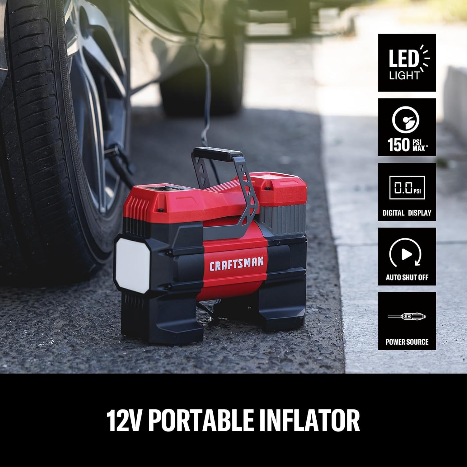 Compact 150PSI Tire Inflator With LED Light encalife