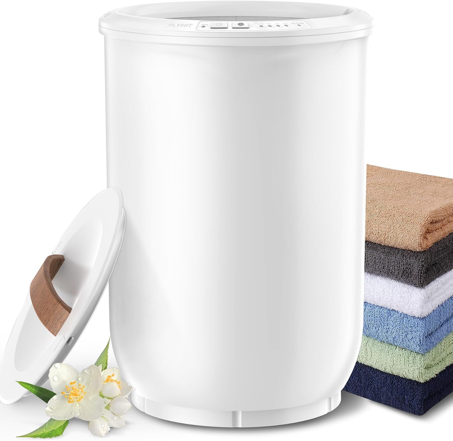 Large white heated towel warmer bucket with wooden handle beside folded bathroom towels