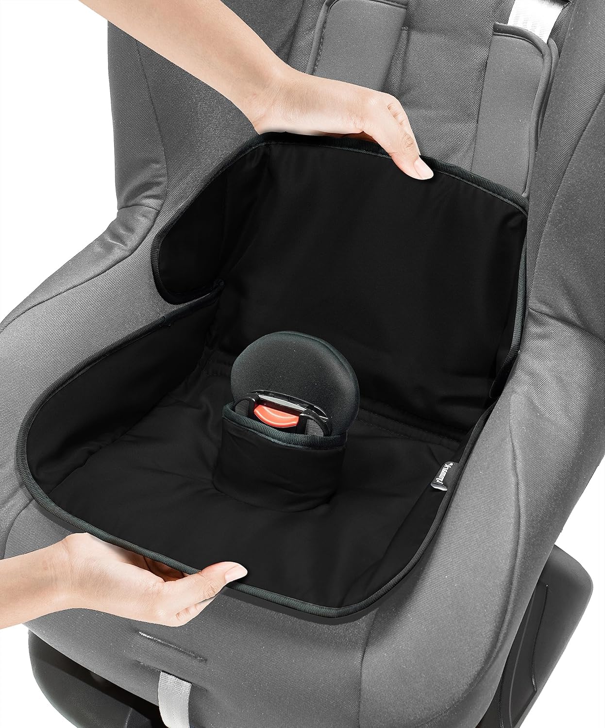 Clean protected car seat with potty training liner ready for travel