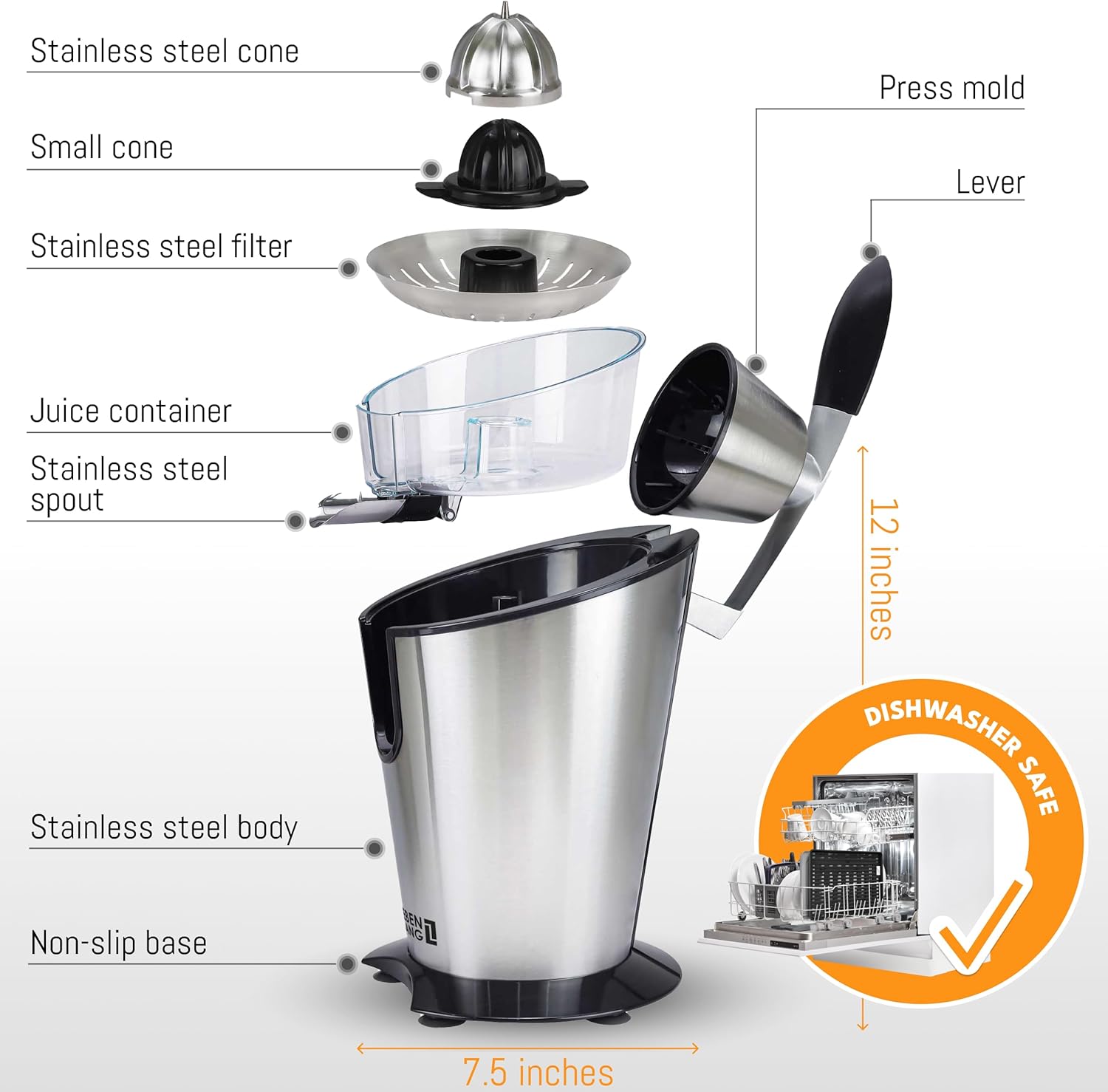 Electric Juicer Stainless Steel 600W | Citrus Press Orange & Lemon Juicer encalife