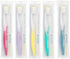 Five individually packaged extra-soft manual toothbrushes in assorted pink, lavender, yellow, teal, and blue colors.