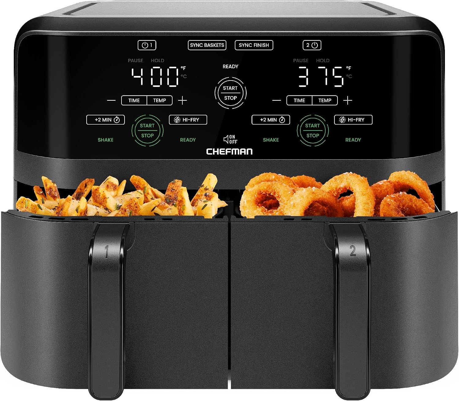 Dual-basket air fryer with independent 3-quart cooking zones and digital touchscreen controls