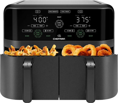 Dual-basket air fryer with independent 3-quart cooking zones and digital touchscreen controls
