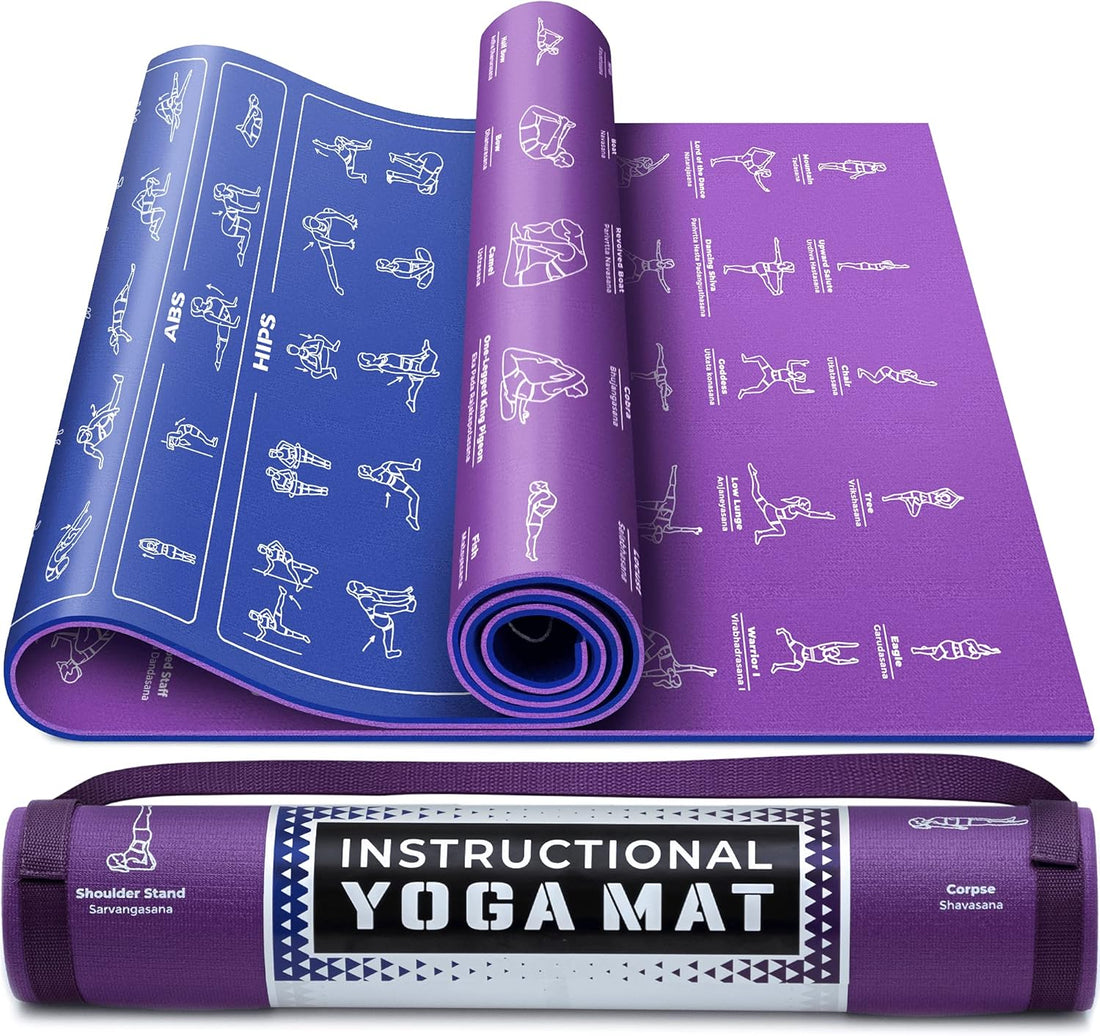 Instructional yoga mat with 75 illustrated yoga poses, non-slip surface, extra cushioning, and carrying strap for home workouts and yoga practice.