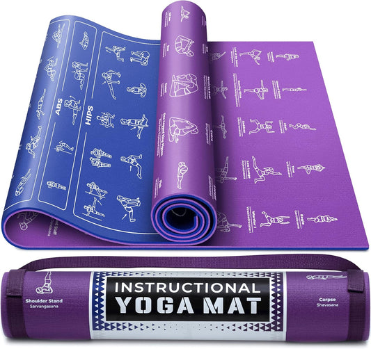 Instructional yoga mat with 75 illustrated yoga poses, non-slip surface, extra cushioning, and carrying strap for home workouts and yoga practice.