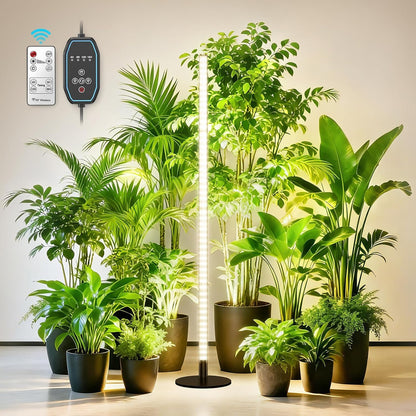 67-inch adjustable floor-standing grow light with full-spectrum LED lighting, round base, wireless remote, and indoor potted plants.