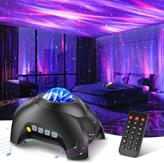Northern Galaxy Aurora Projector with LED star effects, elephant design, and built-in Bluetooth speaker projecting aurora lights in bedroom