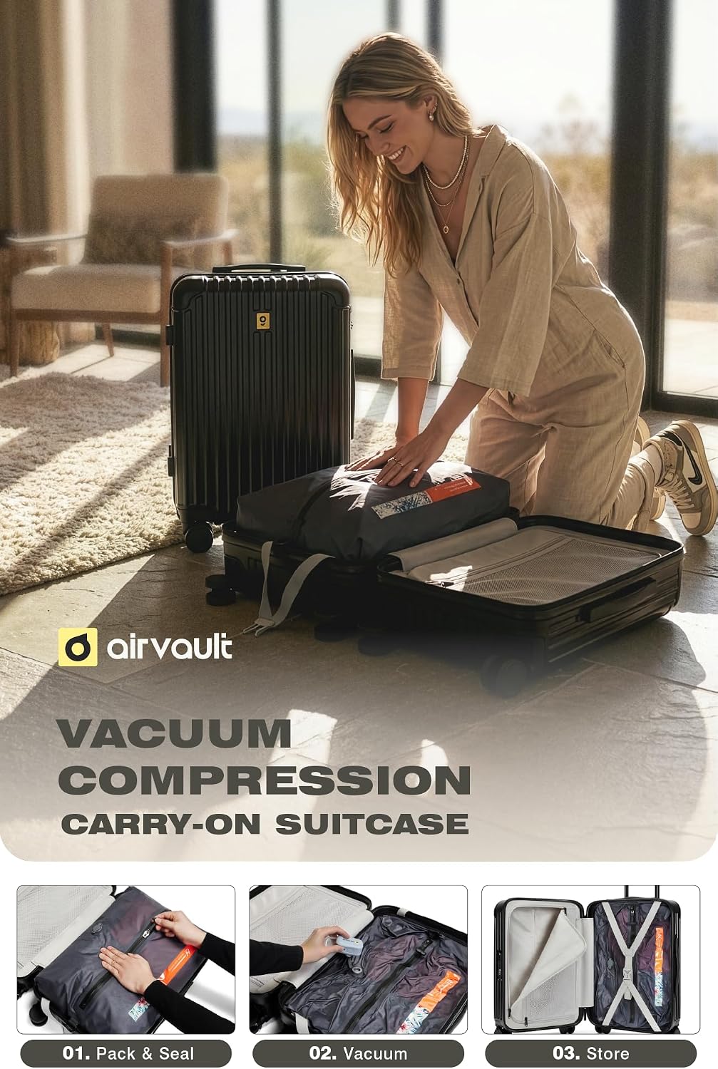 60L Vacuum Compression Carry-On Suitcase USB TSA encalife