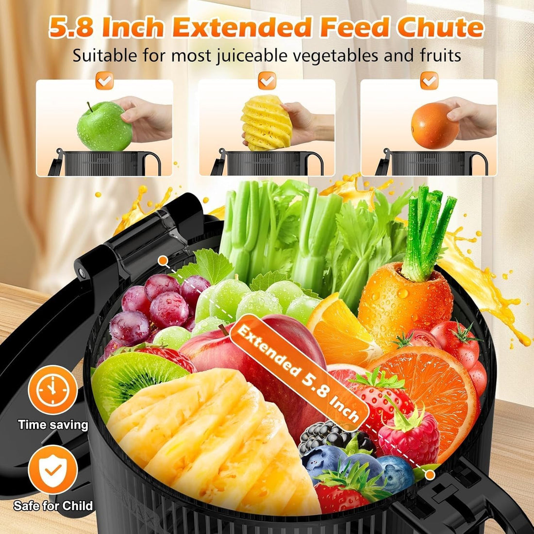 EncaLife Cold Press Juicer Machine – 5.8” Feed Chute, 400W Slow Masticating Juicer