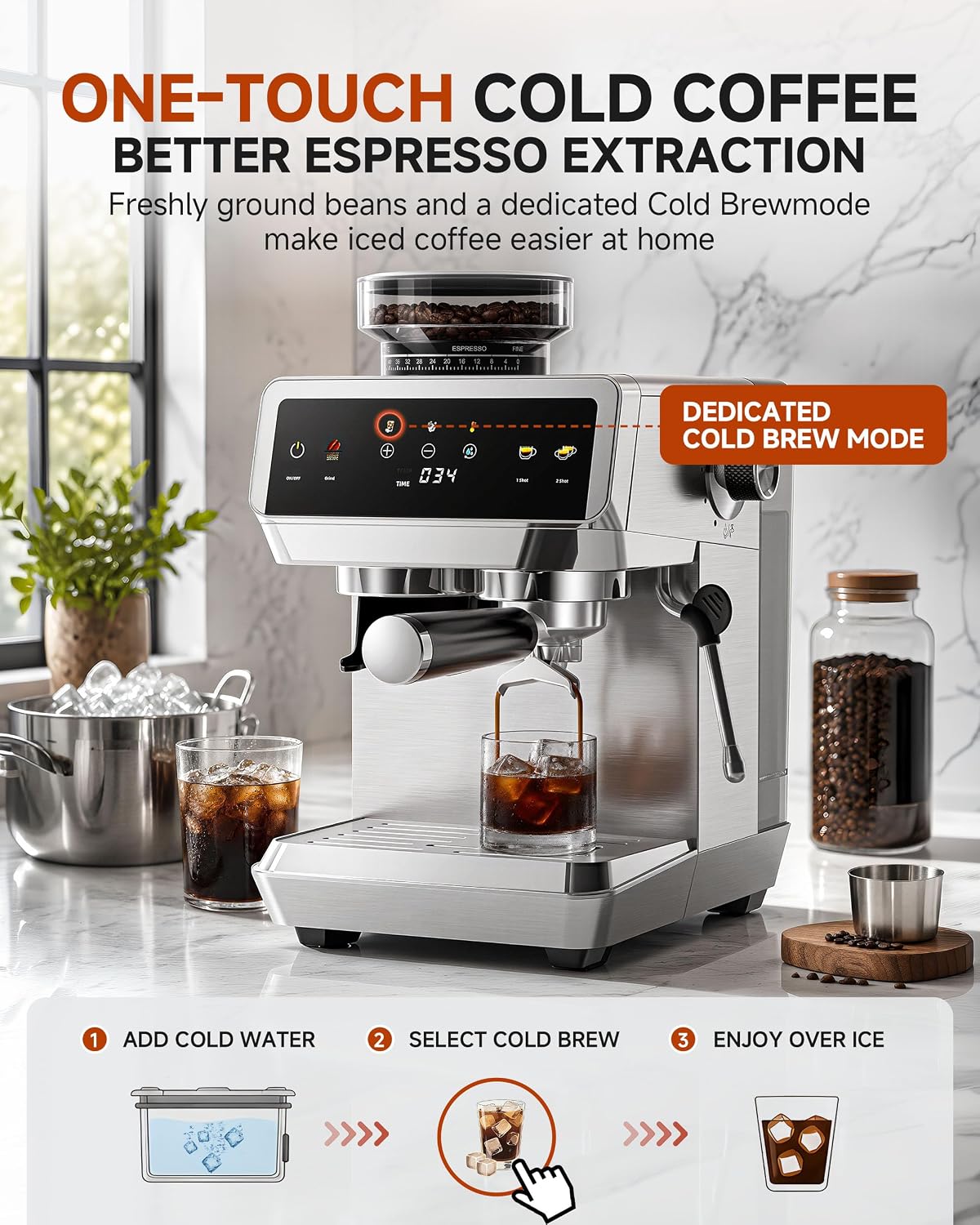 Automatic Espresso Machine with Grinder &amp; Cold Brew encalife