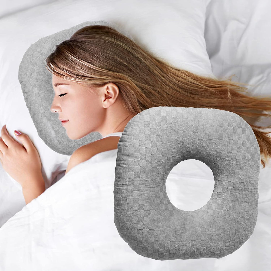 Side sleeper ear relief pillow with hollow center comfort design