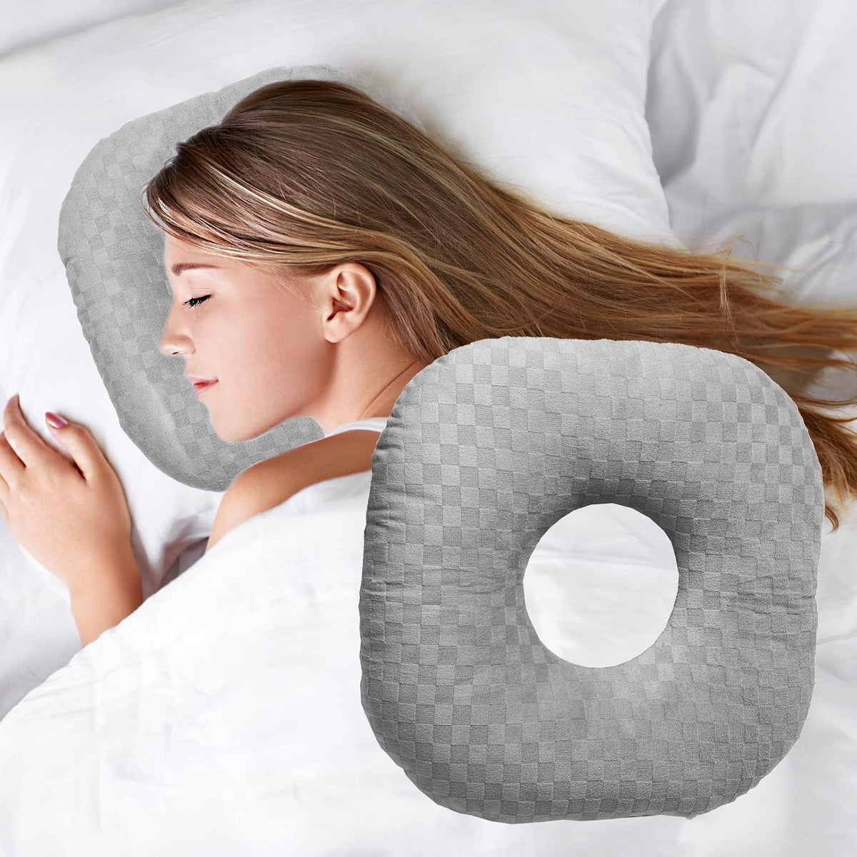Side sleeper ear relief pillow with hollow center comfort design