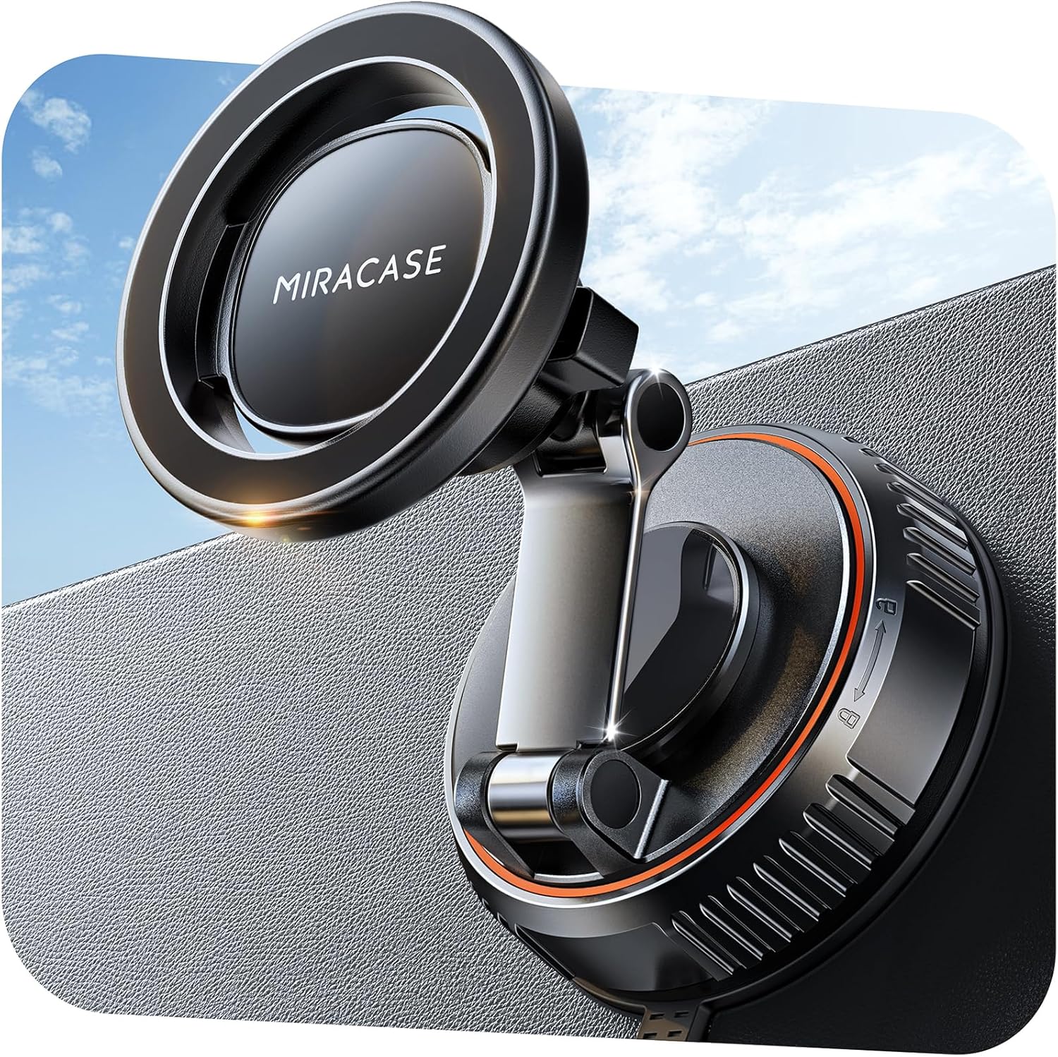 Black magnetic MagSafe car phone mount with suction base on dashboard