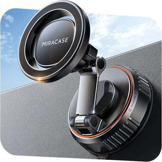 Black magnetic MagSafe car phone mount with suction base on dashboard