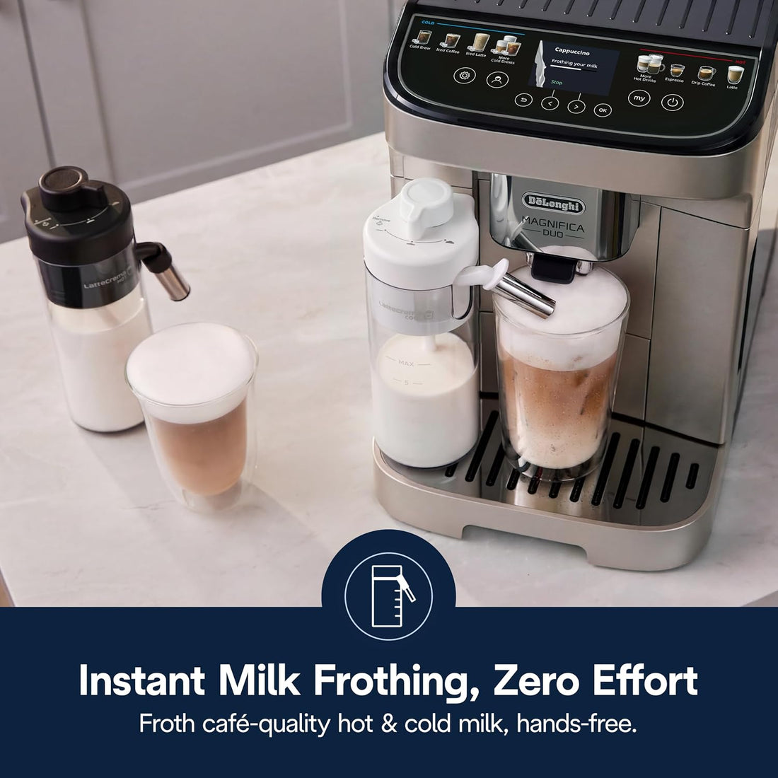 Silver automatic espresso machine with hot cold milk frother
