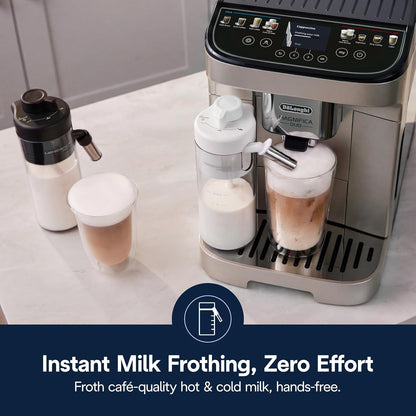 Silver automatic espresso machine with hot cold milk frother