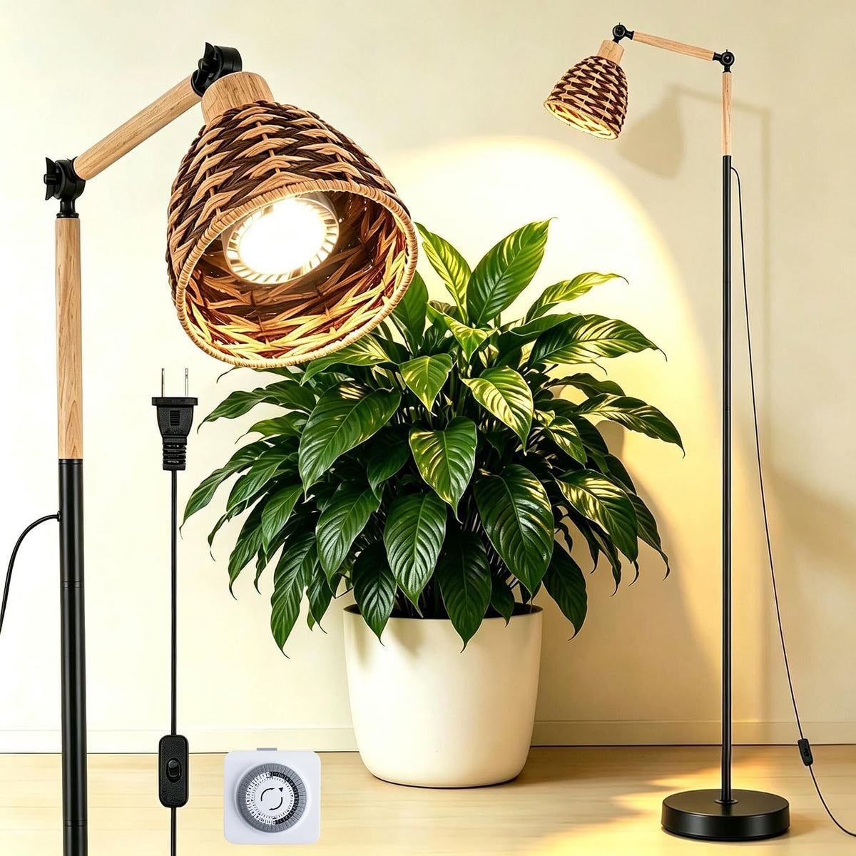 adjustable floor grow light beside large indoor plant