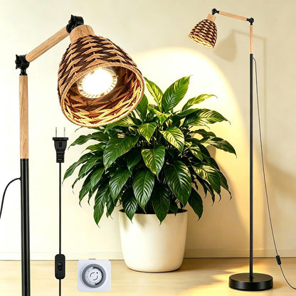 adjustable floor grow light beside large indoor plant