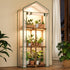 Three-tier wooden mini greenhouse with a polyethylene cover, integrated grow lights, and potted indoor plants.