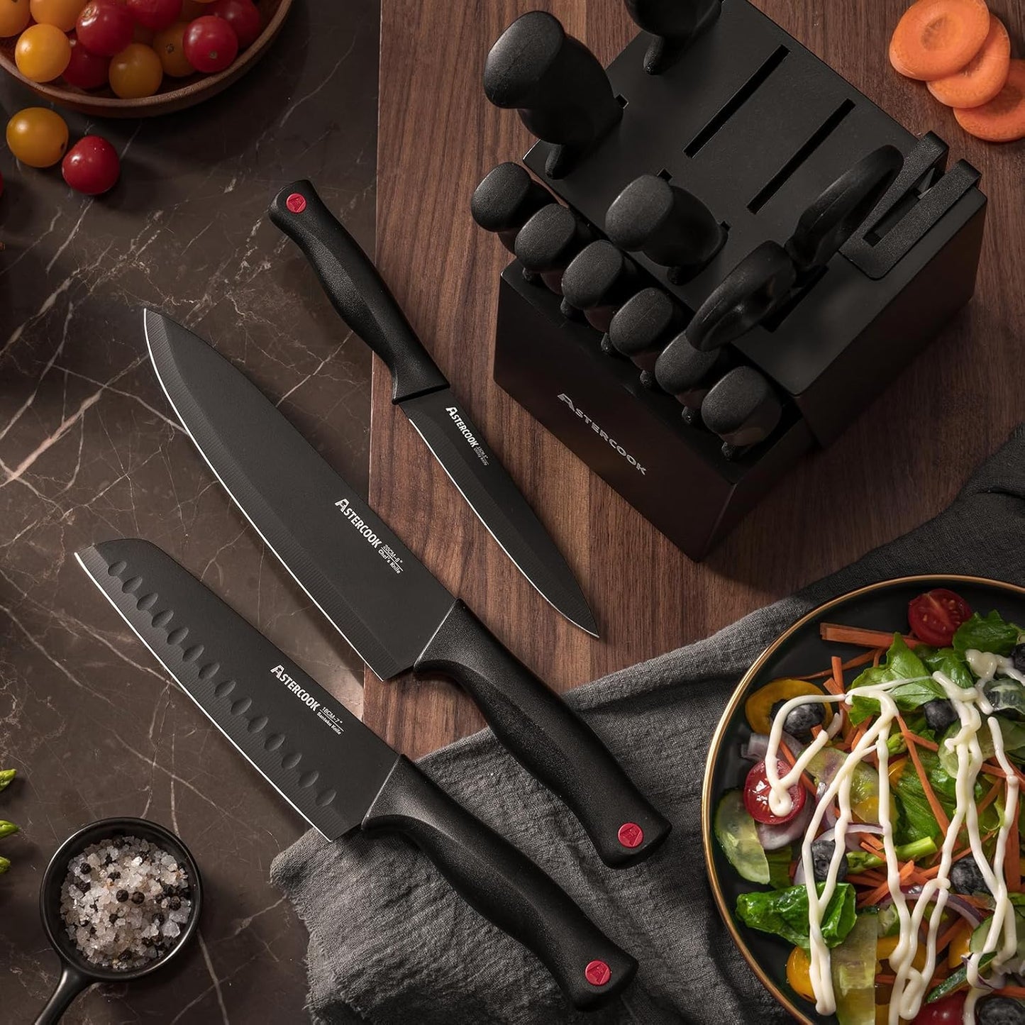 15-Piece Kitchen Knife Set with Block – German Steel, Built-in Sharpener encalife