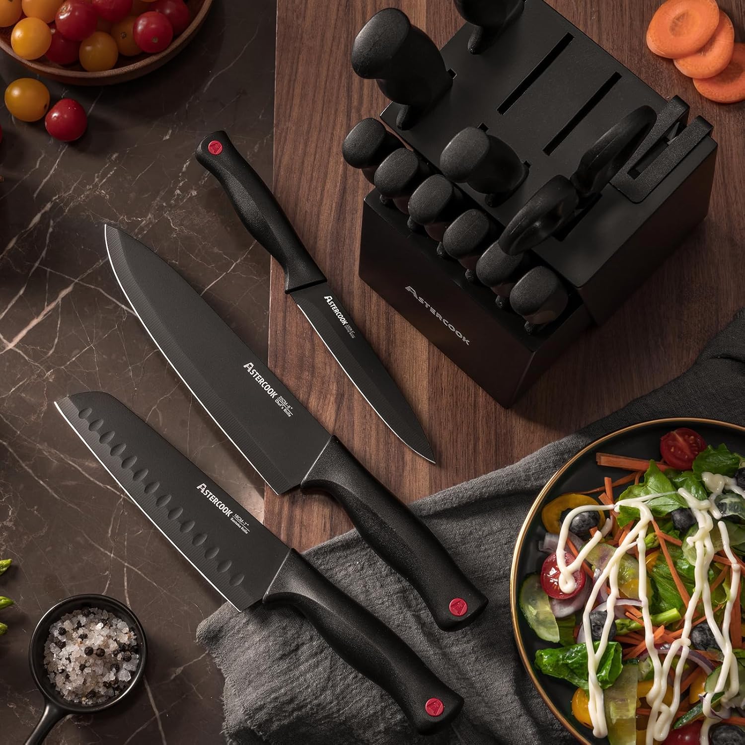 15-Piece Kitchen Knife Set with Block – German Steel, Built-in Sharpener encalife