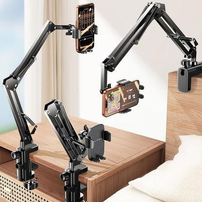 Flexible gooseneck mobile stand clamped to desk for hands-free viewing