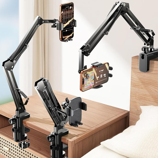 Flexible gooseneck mobile stand clamped to desk for hands-free viewing