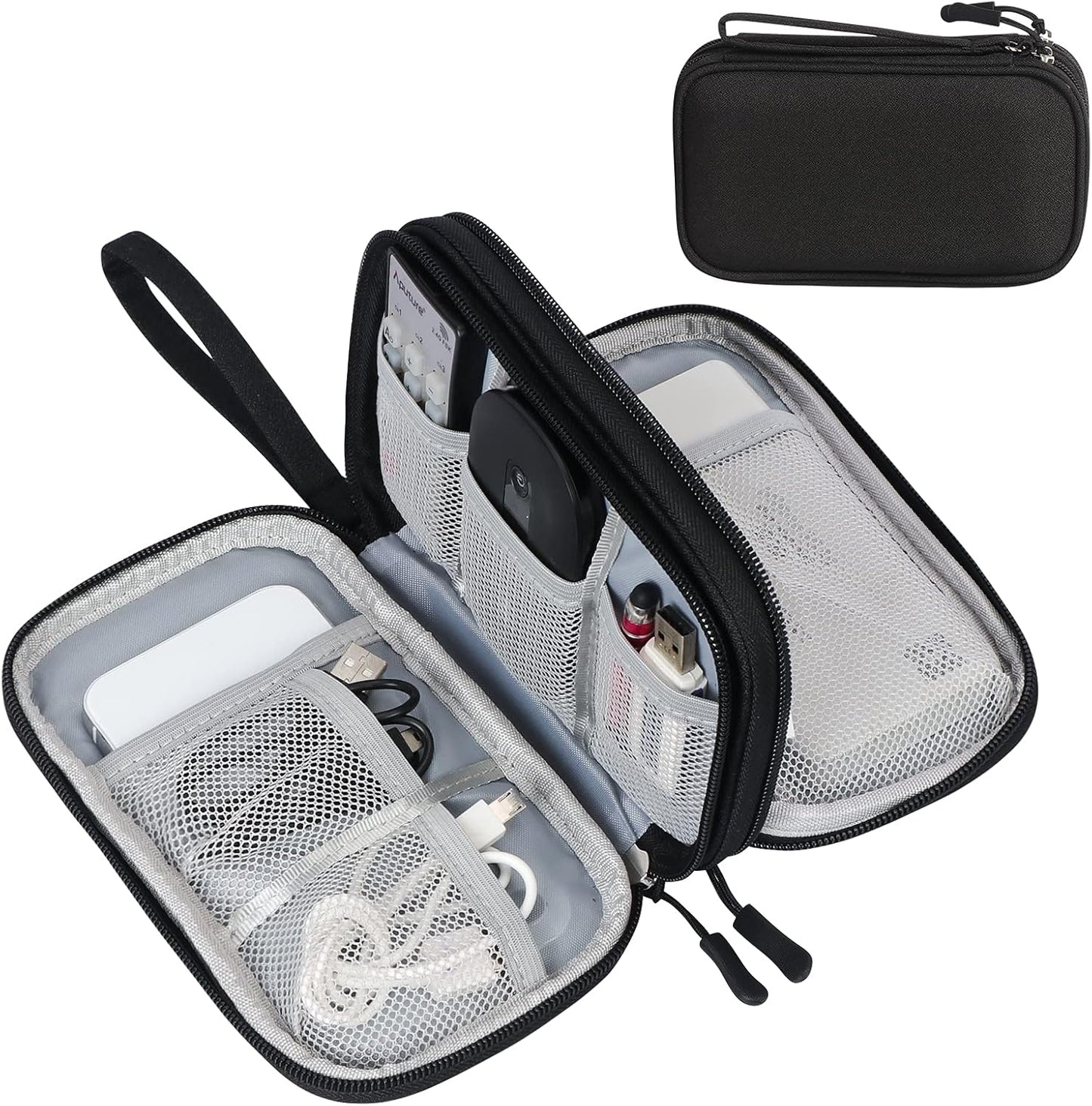 Water-resistant travel tech organizer with double-layer cable storage compartments