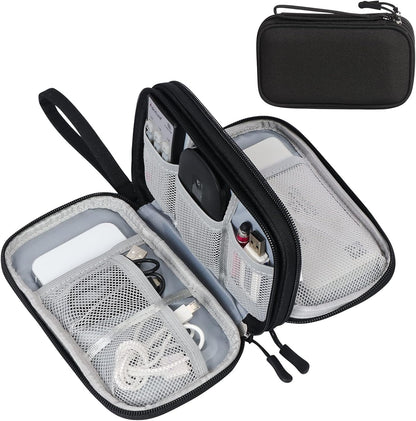 Water-resistant travel tech organizer with double-layer cable storage compartments