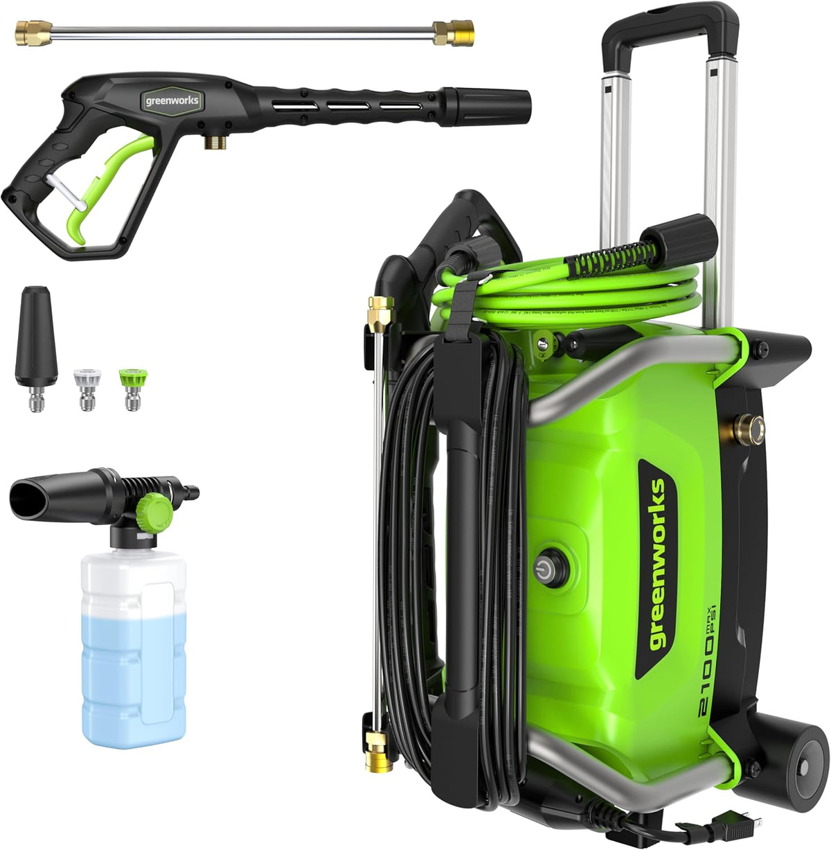 electric pressure washer with telescoping handle, spray gun, high-pressure hose, interchangeable nozzles, and soap applicator.