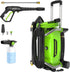 electric pressure washer with telescoping handle, spray gun, high-pressure hose, interchangeable nozzles, and soap applicator.