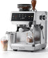Silver automatic espresso machine with grinder touchscreen and steam wand