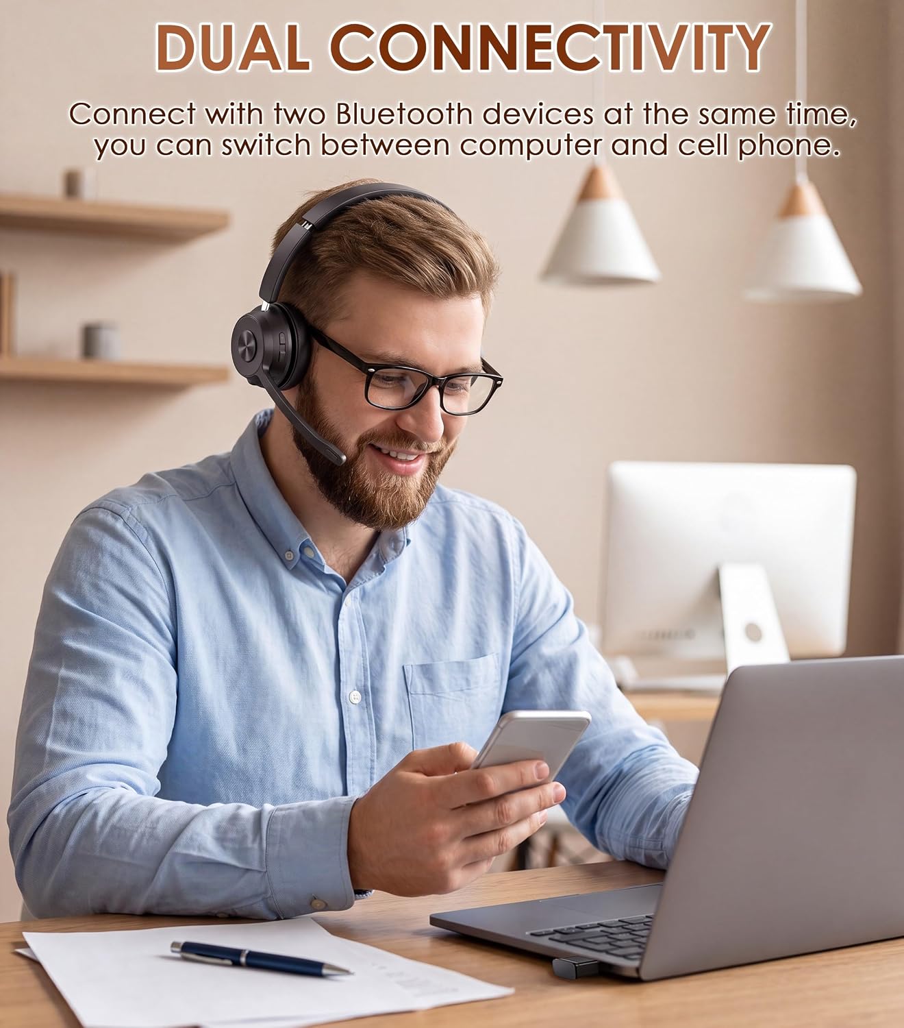 Bluetooth Work Headset Noise-Cancelling Mic USB Dongle encalife