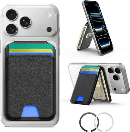 Black magnetic phone wallet for men with adjustable kickstand, five-card holder, RFID-blocking design, and metal attachment rings shown on a smartphone.
