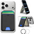 Black magnetic phone wallet for men with adjustable kickstand, five-card holder, RFID-blocking design, and metal attachment rings shown on a smartphone.