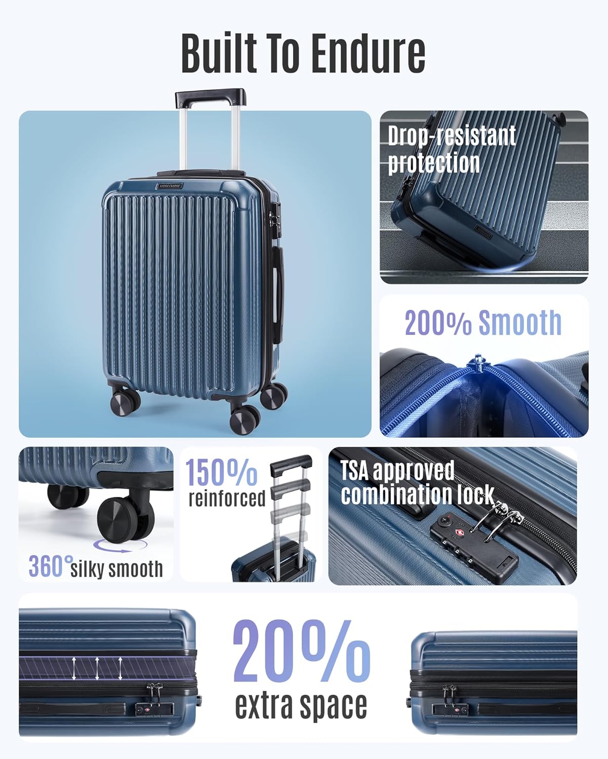 Flight Carry-On Luggage I 22x14x9 Hardside Spinner Suitcase encalife