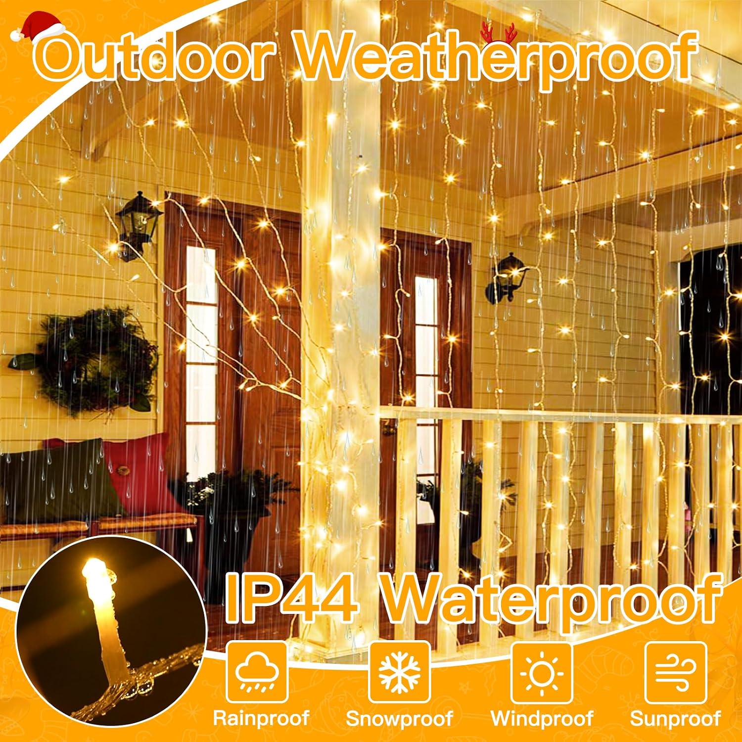 9.8x9.8ft Warm White LED Curtain Lights encalife