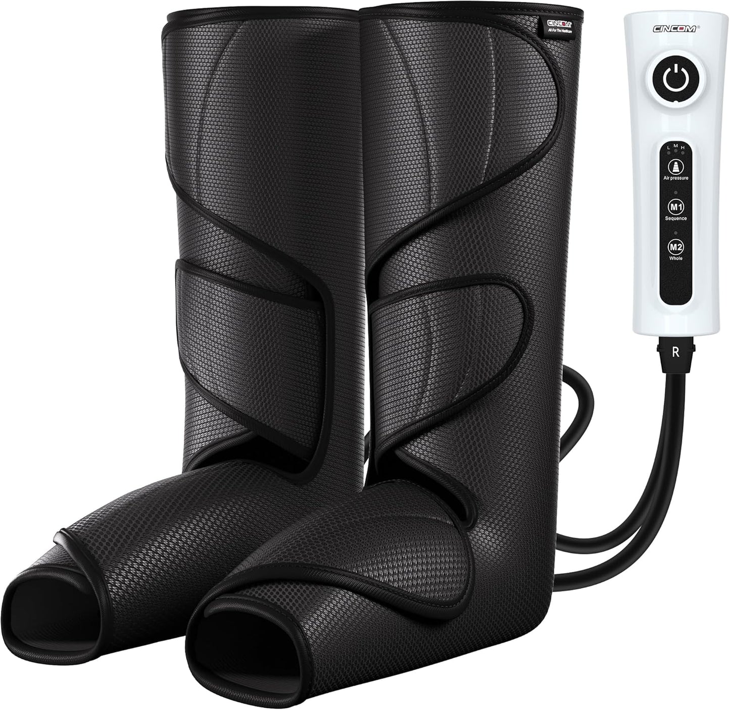 Adjustable black foot and calf compression massager with handheld controls