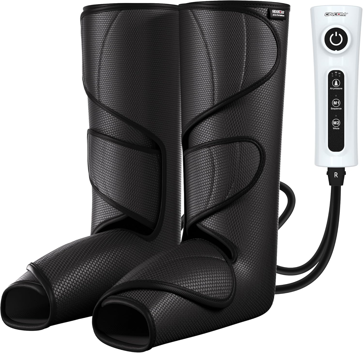 Adjustable black foot and calf compression massager with handheld controls