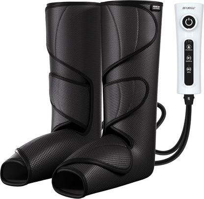 Adjustable black foot and calf compression massager with handheld controls