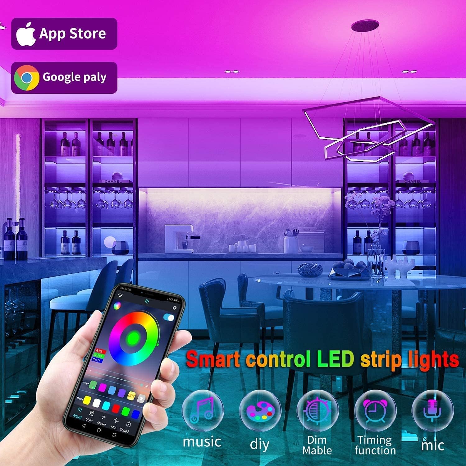 100ft RGB Lighting Strip Lights for Bedroom Decor encalife