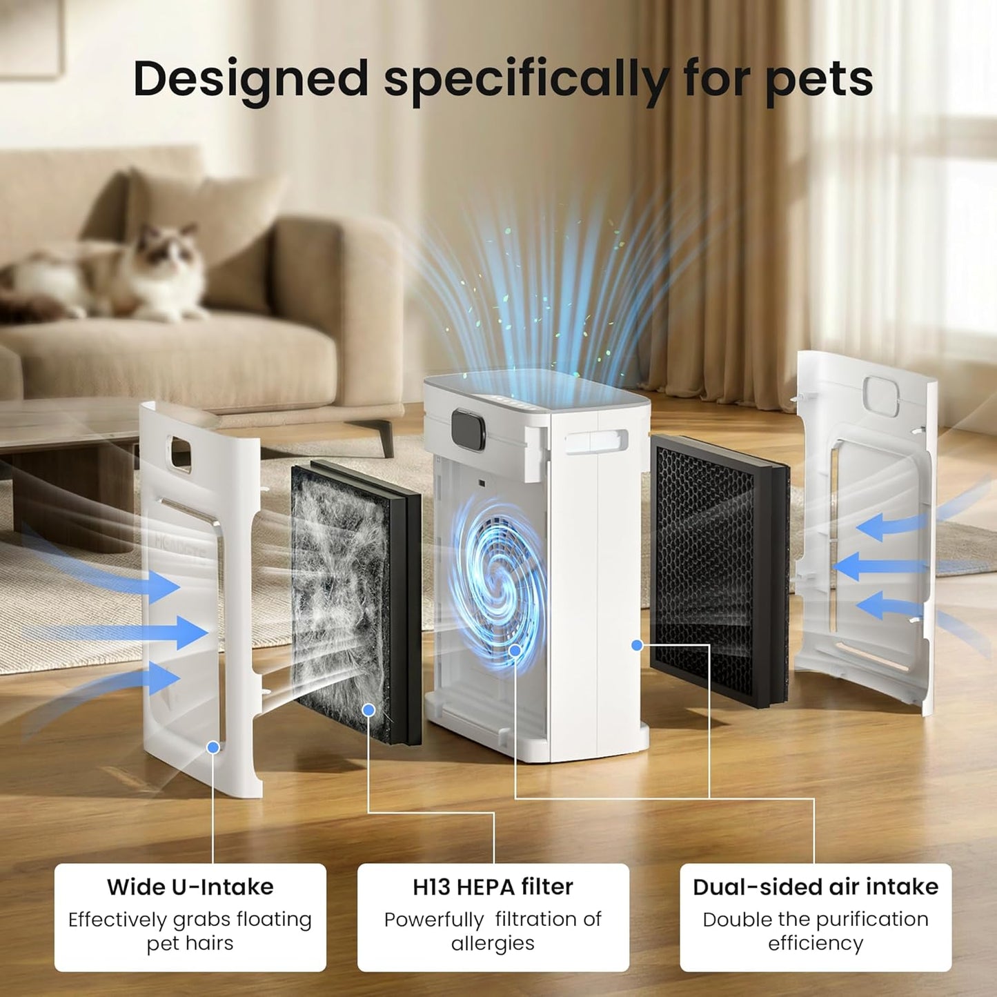 Pet Air Purifier Large Room | HEPA Odor & Dander Cleaner encalife