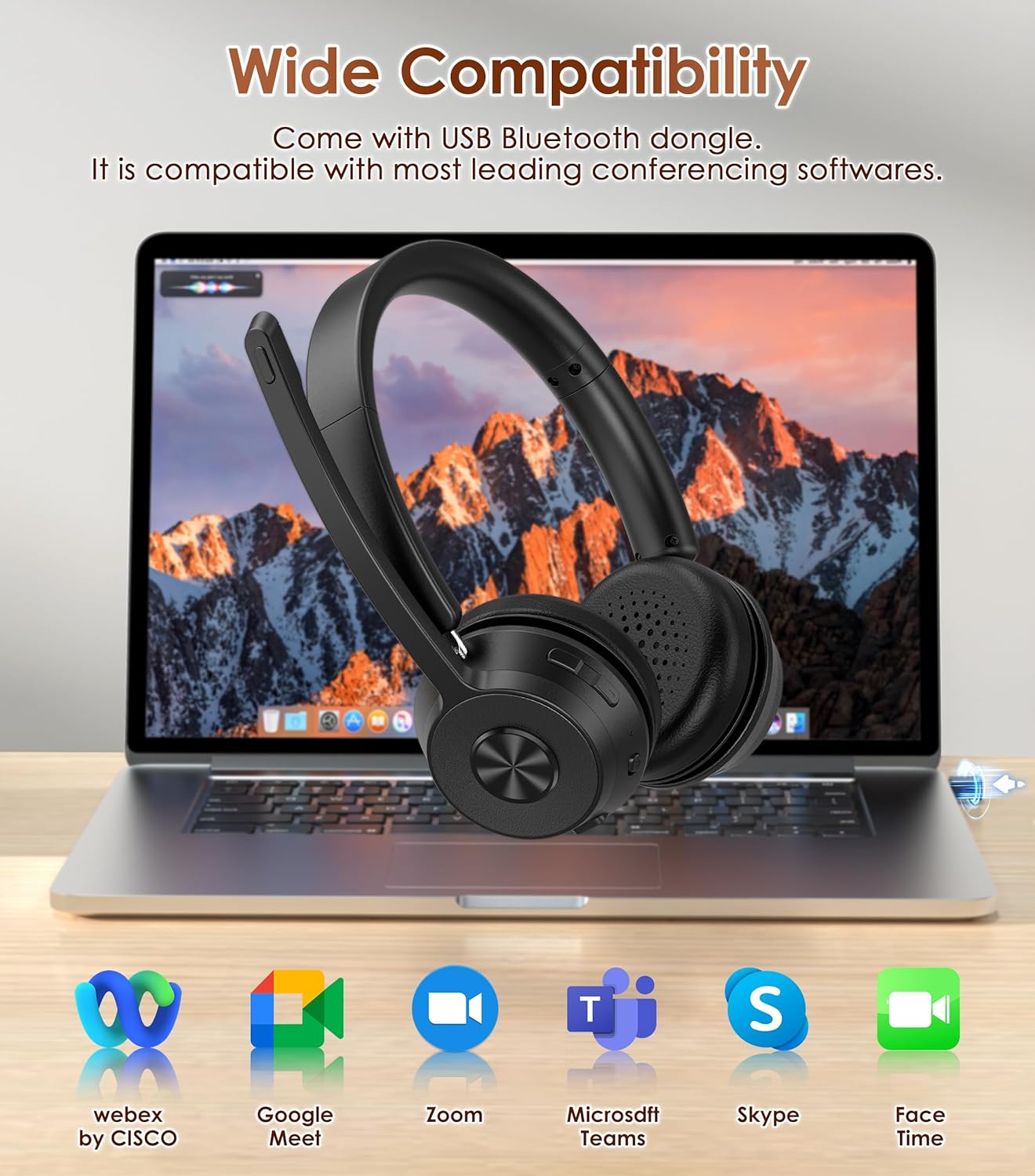 Bluetooth Work Headset Noise-Cancelling Mic USB Dongle encalife