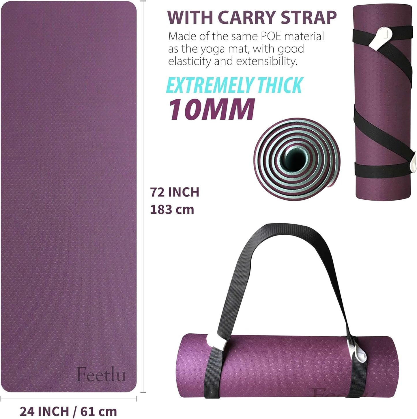 Extra Thick 10mm Non-Slip Yoga Mat with Strap encalife
