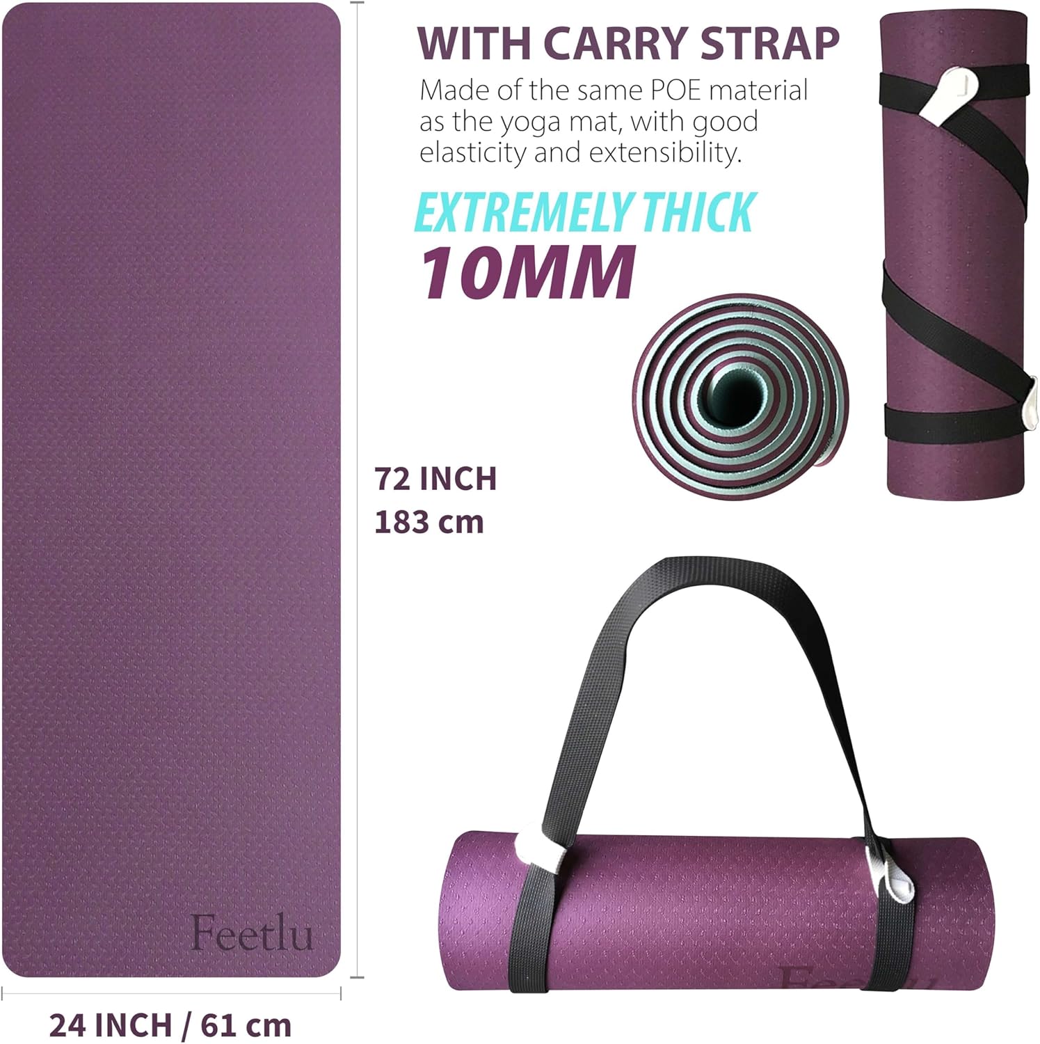 Extra Thick 10mm Non-Slip Yoga Mat with Strap encalife