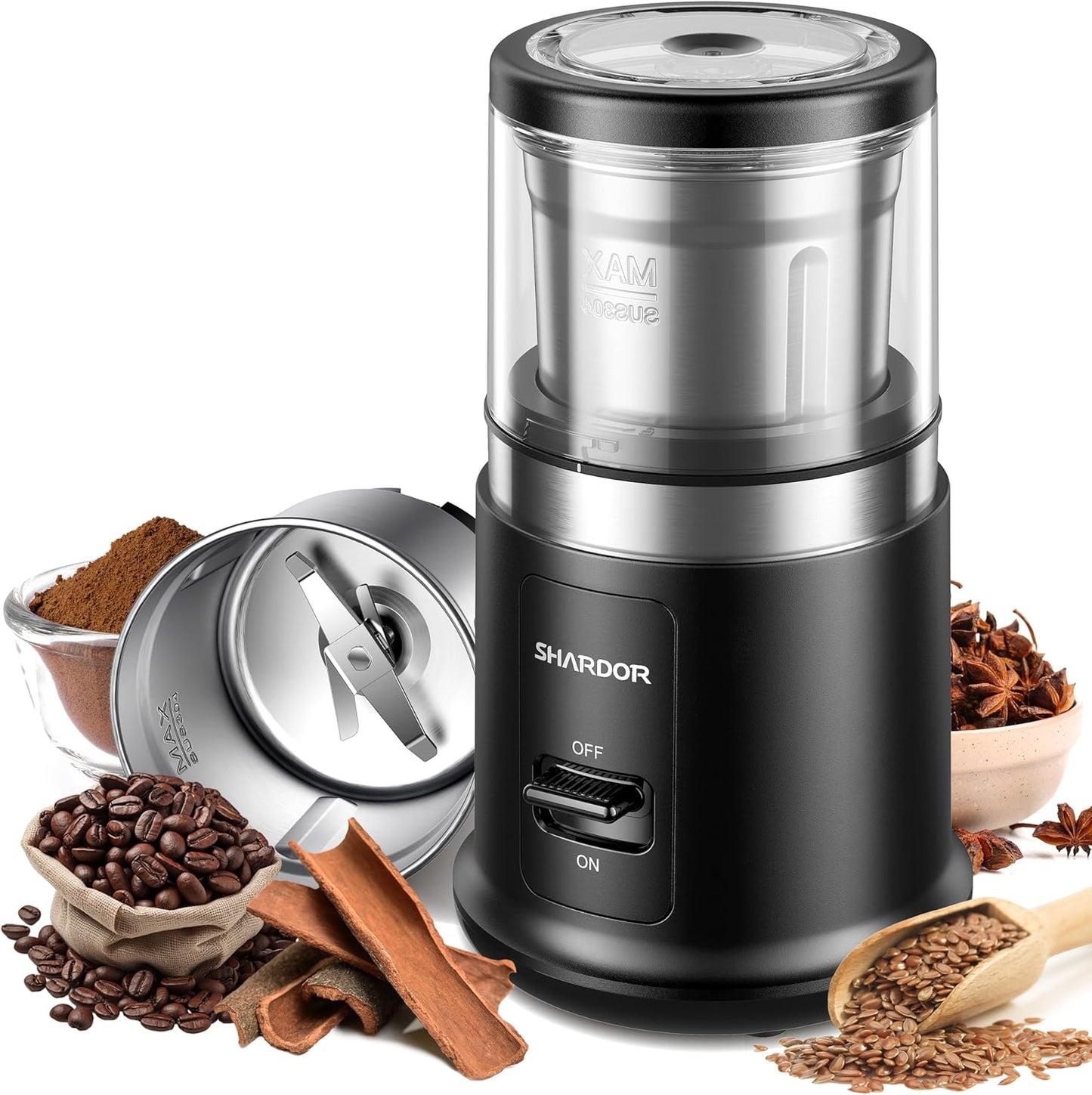 Silent electric coffee grinder with removable stainless steel bowl for grinding coffee beans, herbs, spices, seeds, and nuts.