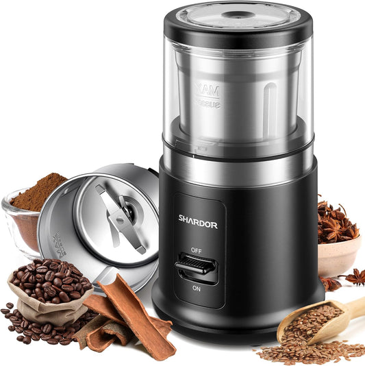 Silent electric coffee grinder with removable stainless steel bowl for grinding coffee beans, herbs, spices, seeds, and nuts.