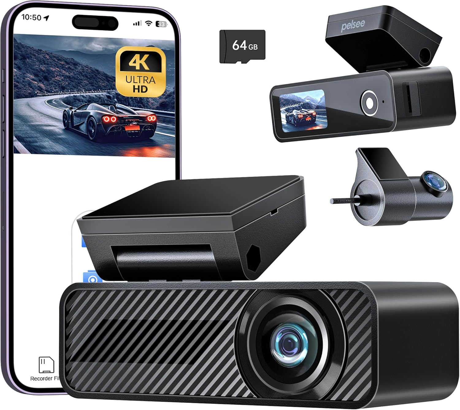 4K Dash Cam Front and Rear for Cars WiFi 64GB
