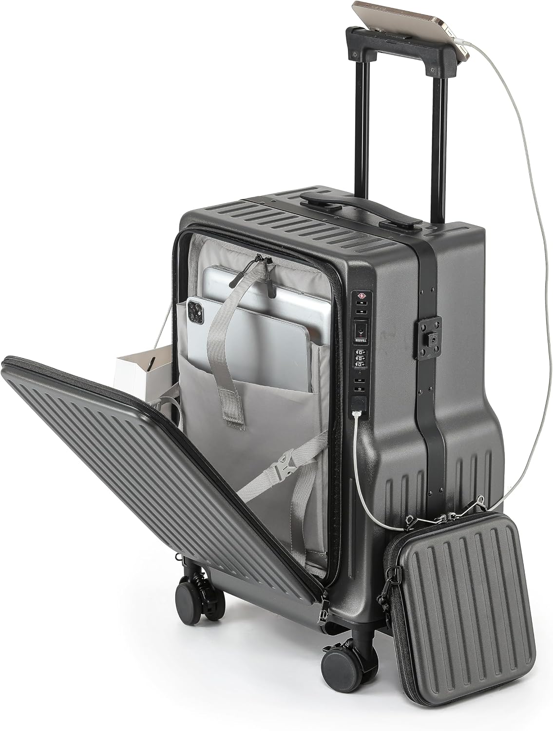 20-Inch Front-Opening Carry On luggage with Detachable Bag encalife