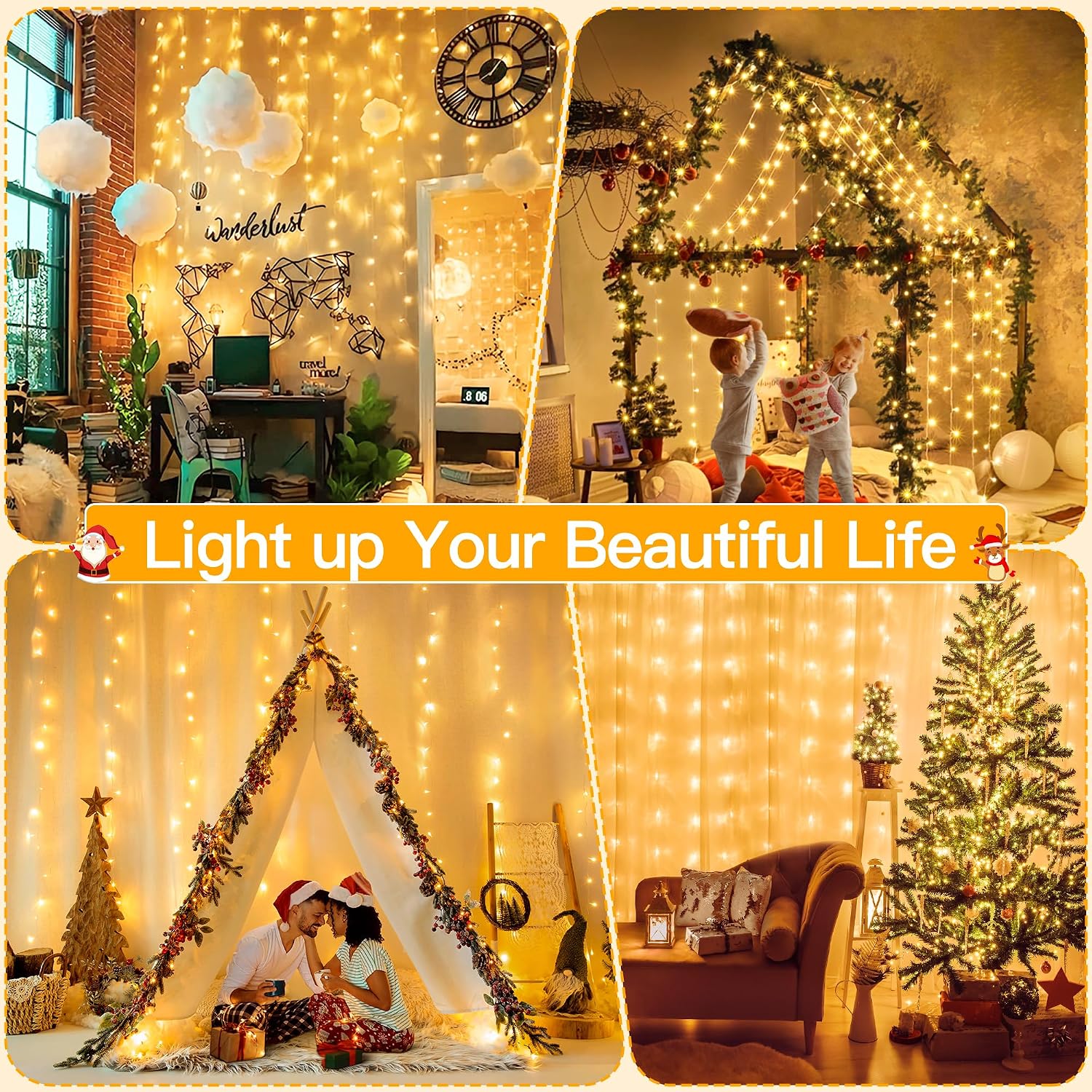 9.8x9.8ft Warm White LED Curtain Lights encalife